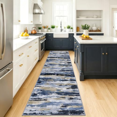 Abstract Washable Runners for Hallway 3x14 Runner Rug Non Slip - color: Navy / Blue / Taupe, size: 3' x 14' (Runner)