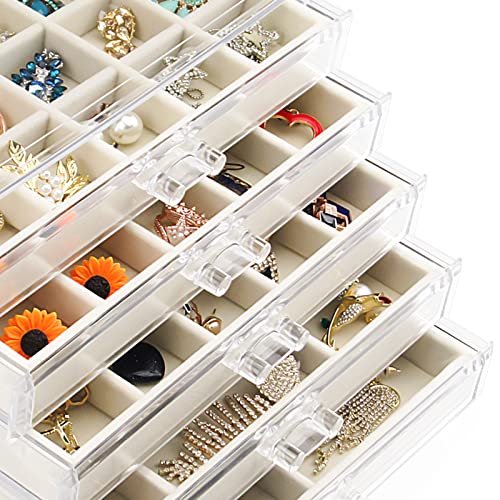 Watpot Acrylic Jewelry Box 5 Drawers Clear Earring Storage Organizer Display Case - color: Beige 5 Layers