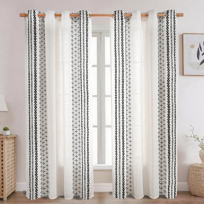 Black and Cream Boho Embroidered Curtains for Living Room 90 Inch - color: Striped-black, size: 52"W x 90"L (Pack of 2)