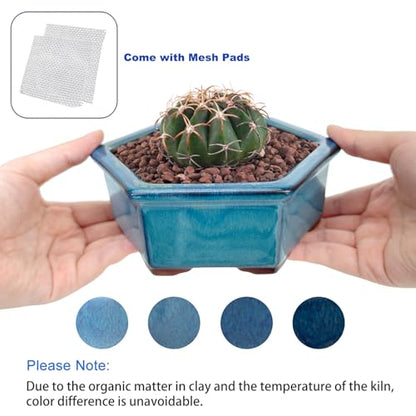 Bonsai Planter 5.7" 6" Small Succulent Glazed Pots Set of 2 + 6 Soft Mesh Drainage Screens - style: Style A&B