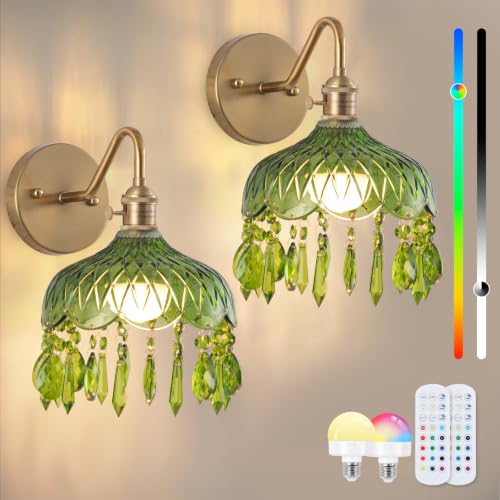 Vintage Battery Operated Wireless Wall Sconces, Rechargeable Battery Brass Wall Lights,Luxury Corridor Lamp with Remote for Dining Room Hallway Living Room, Set of Two Green - color: Green