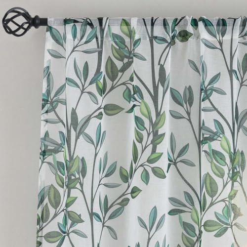 Green Leaves Sheer Curtains for Living Room 84 Inch Length 2 Panels - color: Leaf | Green, size: 50"W x 84"L (Pack of 2)