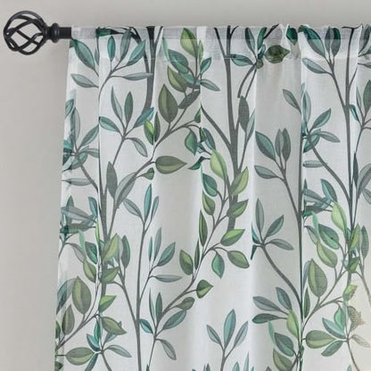 Green Leaves Sheer Curtains for Living Room 84 Inch Length 2 Panels - color: Leaf | Green, size: 50"W x 84"L (Pack of 2)