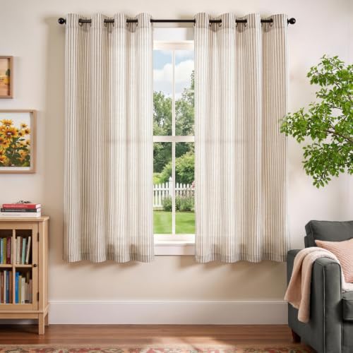 Vangao Linen Striped Curtains for Living Room Bedroom Farmhouse - color: Boxter Striped| Taupe Grey on Beige, size: 50"W x 63"L (Pack of 2)
