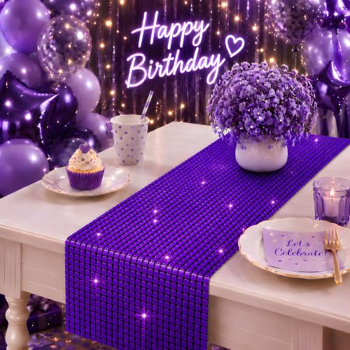 Disco Party Decorations - Purple Sequin Glitter Disco Table Runner - color: Purple Sequin Glitter