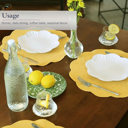 AHHFSMEI Round Scalloped Placemats Set of 6 15 Inch Faux Linen - color: Yellow