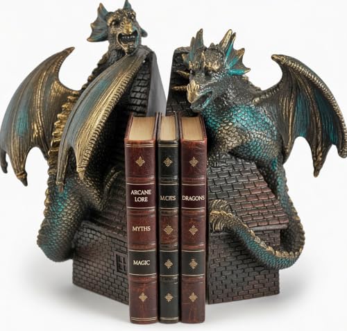 Bellaa Dragon Bookends Set of 2 - Heavy Duty Decorative Book Ends for Shelves, Medieval Gothic Castle Guardian, Non-Skid Resin 7.5" Vintage Bronze 28670