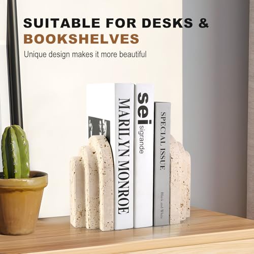 Natural Marble Book Ends - Heavy Duty Bookends for Shelves - Aesthetic Layered Arch Design Stone Book Holders, Unique Modern Office Bookshelf Stopper Decor for Books/CDs(Travertino Turkey) - style: Arched-Beige