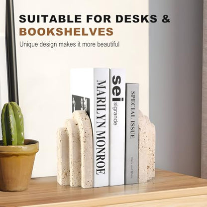 Natural Marble Book Ends - Heavy Duty Bookends for Shelves - Aesthetic Layered Arch Design Stone Book Holders, Unique Modern Office Bookshelf Stopper Decor for Books/CDs(Travertino Turkey) - style: Arched-Beige
