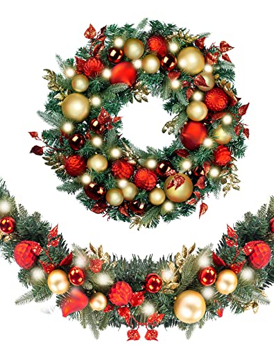 WANNA-CUL Pre-Lit 9ft Christmas Garland with Lights 50 LED Red Gold Baubles - color: 02-red Gold