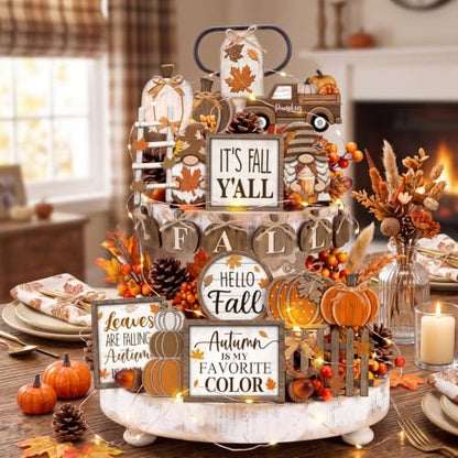 Shellwei 20 Pcs Fall Tiered Tray Decor Set, Thanksgiving Wooden Table Sign - style: Pumpkin