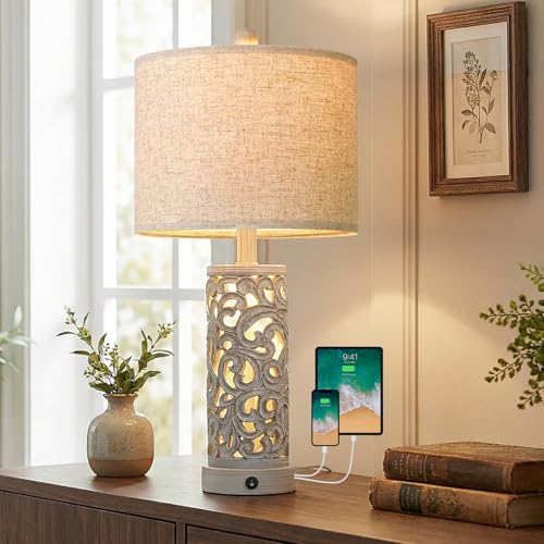 OYEARS 22'' Farmhouse Table Lamp for Living Room, Bedside Lamp with 2 USB Ports for Bedroom, Rustic Nightstand Lamp with Linen Lampshade for Office Hallway Home Decor, Distressed Grey (Bulb Included) - color: Vintage Gray