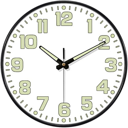 Glow in The Dark Wall Clock, 8" Silent Non-Ticking Wall Clocks Battery Operated, Large Easy Read Numbers Tempered Glass Night Light Analog Clock for Bedroom Living Room Kitchen Office, White - color: White Green, size: 8 Inch