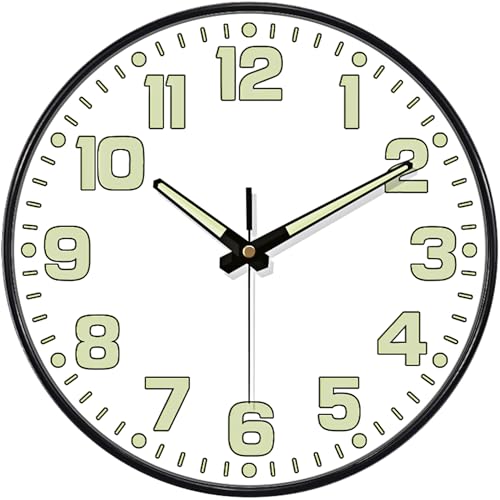 Glow in The Dark Wall Clock, 8" Silent Non-Ticking Wall Clocks Battery Operated, Large Easy Read Numbers Tempered Glass Night Light Analog Clock for Bedroom Living Room Kitchen Office, White - color: White Green, size: 8 Inch