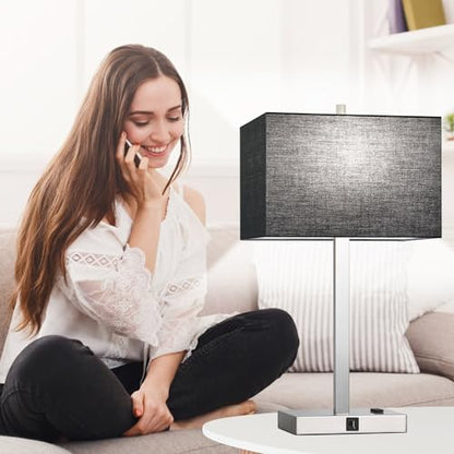 21" Touch Bedside lamps with 2 USB & AC Outlets, 3-Way Dimmable Bedside Table Lamps Set of 2 for Bedroom Living Room Office Reading, Black Shade Lamps for Night Stands, 5000K LED Bulbs Included - color: Black Linen & Brushed Nickel