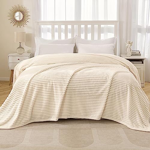 MIULEE Fleece Blanket King Size 90"x108" 300GSM Super Soft Lightweight Plush Striped, Cream White Warm Cozy Breathable Ribbed Blanket for Bed/Sofa/Couch - color: Cream White, size: 90"x108"