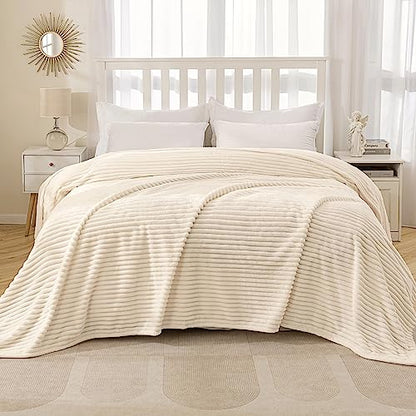 MIULEE Fleece Blanket King Size 90"x108" 300GSM Super Soft Lightweight Plush Striped, Cream White Warm Cozy Breathable Ribbed Blanket for Bed/Sofa/Couch - color: Cream White, size: 90"x108"
