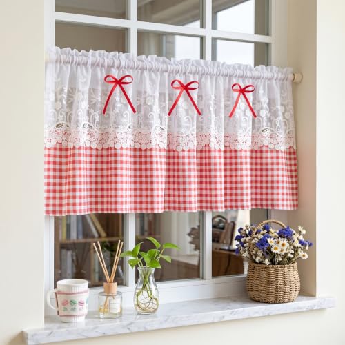 Red Gingham Valance Lace Curtain for Small Window Shabby Chic 60Wx18L - color: Red Gingham, size: 60"W x 18"L (Pack of 1)