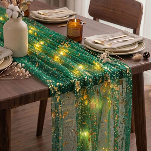 Artscope Lighted Green Gauze Table Runner,Glitter and Foil Table Decor for Weddings Anniversary Birthday and Holiday Party Decorations – 28" x 120" - color: Green