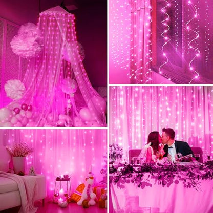 Minetom Curtain Lights, 300 LED Dimmable Twinkle Fairy Lights, 8 Modes - color: Pink, size: 1 Pack