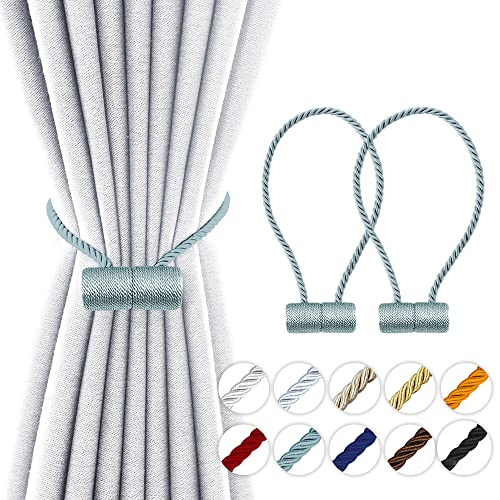 18 Inch Strong Magnetic Curtain Tiebacks, Curtain Holdbacks Modern Upgrade Strong 2021 New Twisted Style Decorative Drapery Rope Tie Backs(2 Pack Grey Blue) - color: Grey Blue