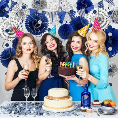24 Pcs Blue Silver Party Decorations, Paper Fans Pom Poms Banner 8-16 in - color: Blue and Silver