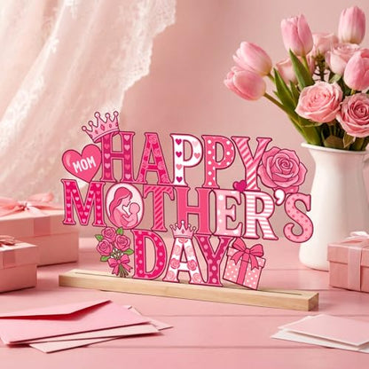 Roowest Metal Happy Mother's Day Tabletop Sign Decor with Wooden Base - style: Happy Mother's Day
