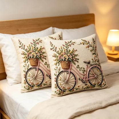 2D Flat Pink Bicycle Flower Basket Linen Throw Pillow Covers 18x18 Set of 2 - color: A20024, size: 18" x 18" (Pack of 2)
