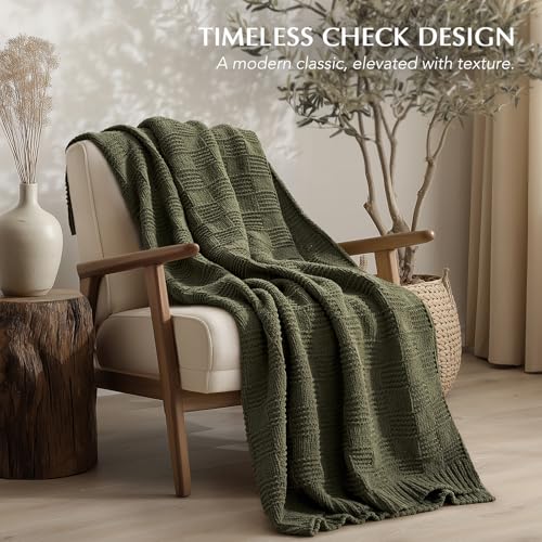 EVERGRACEHOME Modern Checkered Chenille Throw Blanket, 60x80, Olive Green - color: Olive Green, size: 60" X 80"