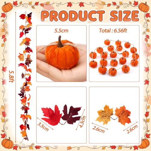 Yinder 2 Pack 6.56 ft Fall Mantle Decor Garland Pumpkins Velvet with 5.8 ft Artificial Maple Leaf Hanging Vine for Fireplace Mantle Wall Autumn Harvest Farmhouse Thanksgiving Home Wedding Decor