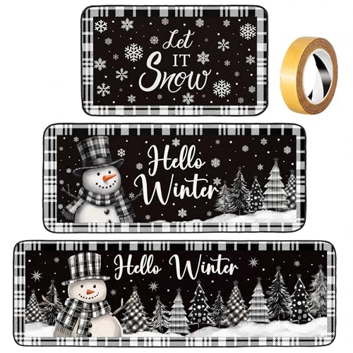 Fourluoo 3 Pcs Christmas Winter Snowman Kitchen Rugs and Mats Decor Set - color: Snow Man