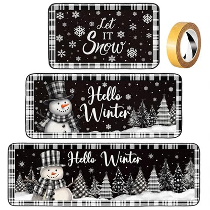 Fourluoo 3 Pcs Christmas Winter Snowman Kitchen Rugs and Mats Decor Set - color: Snow Man