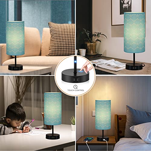 CINSARY Touch Control Bedside Lamp with 2 USB Ports, 3-Way Dimmable Table lamp for Bedroom, Nightstand Lamp with Round Blue Fabric Shade for Living Room Home Office (E26 LED Bulb Included) - color: Blue-15" H
