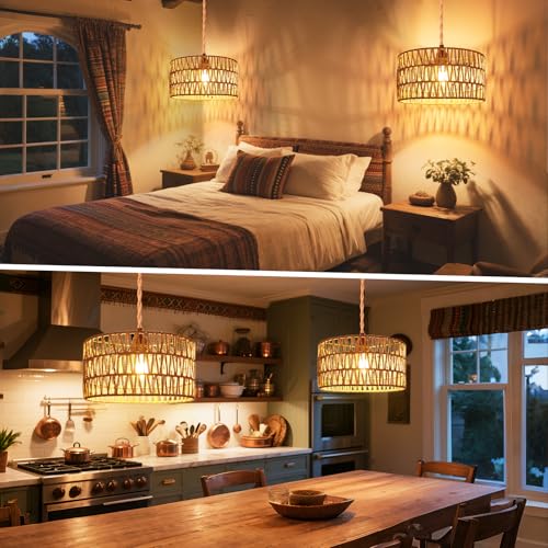 Maliralt Hanging Lamps Rattan Pendant Light Hanging Lights 16.4ft Plug in Cord Pendant Light Fixture Plug Into Wall Outlet Pendant Lighting with On Off Switch for Bedroom Living (Cylindrical Shade) - size: 12.6 Inch - Cylindrical Shade