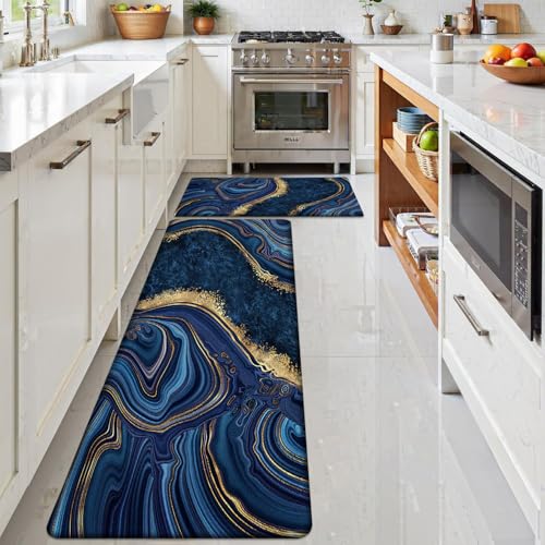Kitchen Mats Set of 2, Cushioned Anti Fatigue Non Slip Waterproof Runner, Blue Marble and Golden Veins Design, PVC Memory Foam for Kitchen Sink and Laundry - color: Blue Marble