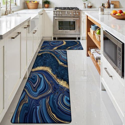 Kitchen Mats Set of 2, Cushioned Anti Fatigue Non Slip Waterproof Runner, Blue Marble and Golden Veins Design, PVC Memory Foam for Kitchen Sink and Laundry - color: Blue Marble