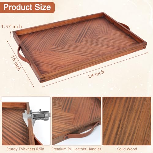SXNOWS Wooden Serving Tray with Leather Handles, 24x16 in - size: 24" x 16" x 1.6"