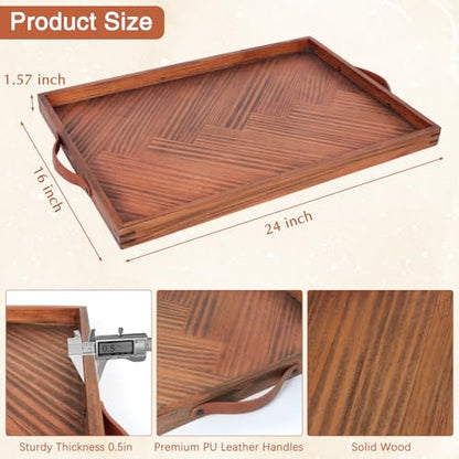 SXNOWS Wooden Serving Tray with Leather Handles, 24x16 in - size: 24" x 16" x 1.6"