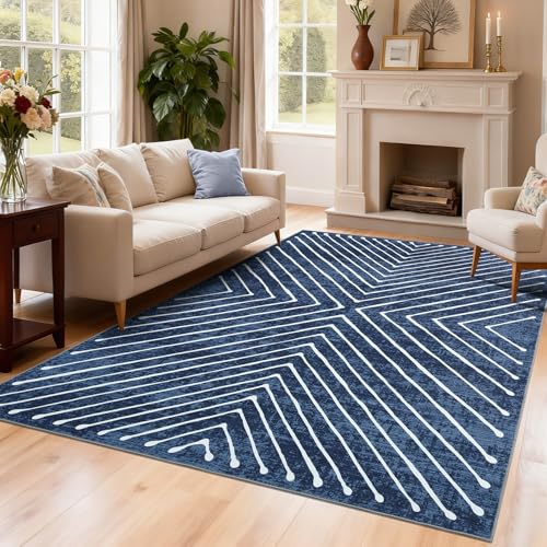 ROYHOME Washable Area Rug 3x5 for Living Room Modern Geometric Low Pile Rug - color: Navy, size: 3' x 5' (Rectangular)