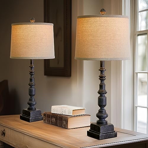Oneach 27.75" Farmhouse Table Lamps Set of 2 for Living Room, USB A+C Port - color: Black