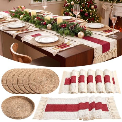 Boho Table Runner and Placemats Set, 6 Sets, Red B, 12x72 - color: Red B, size: 12x72"