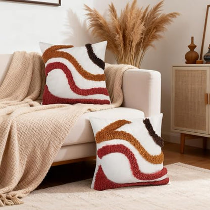 Boho Tufted Abstract Throw Pillow Covers 18x18 Inch, Orange Red - color: Warm Ember Flow Tufted