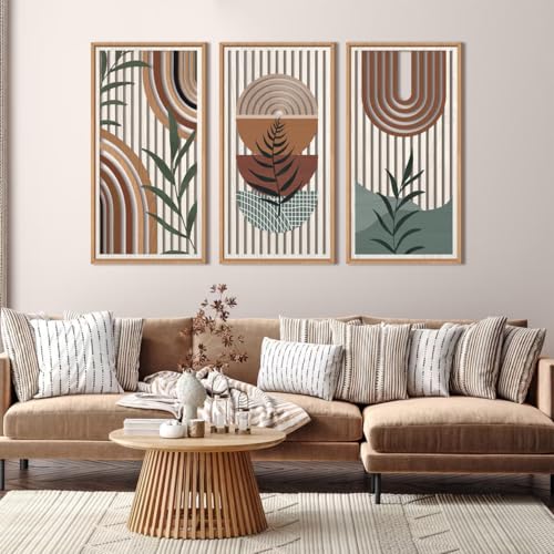 IARTTOP Framed Boho Mid-Century Modern Wood Wall Art 16x32 Inch Large Bohemian Abstract Geometric Wooden Wall Decor Minimalist Brown Green Plant Decor for Bedroom Living Room Dining Room Set of 3 - color: Boho Plant, size: 32"L x 16"W