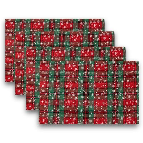 AQOTHES Christmas Plaid Placemats Set of 4 Fine Snowflake 12x18 Table Decor - color: Green Fine Plaid Snowflake