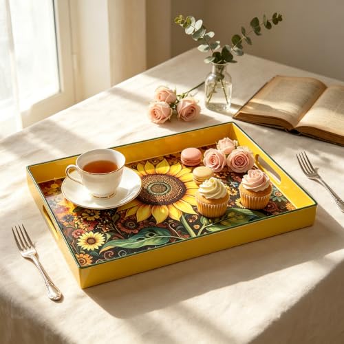 Serving Tray with Handles, 15.7 * 11.8 inches, Plastic Ottoman Tray with Exquisite Paintings, Trays for Coffee Table - color: Golden Sunflower