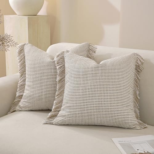 Handmade Tassel Boho Striped Fringe Throw Pillow Covers Set of 2-22x22 Inch, Decorative Pillows Square Cushion Covers for Sofa Couch Bed Living Room Farmhouse, Khaki - color: Khaki, size: 22" x 22" (Pack of 2)