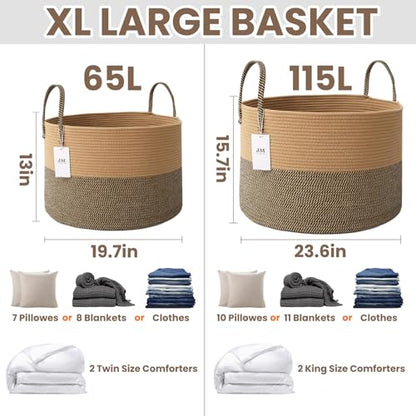 JMvicyroam 65L Extra Large Machine Washable Cotton Rope Blanket Basket - color: Jute&Black, size: 65L