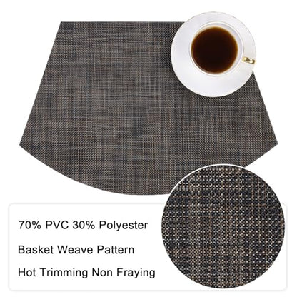 SHACOS Small Wedge Placemats Set of 4 Woven Vinyl Round Table Placemats Wipe Clean Round Table Mats Indoor Outdoor, Black Brown - color: Linen Black Brown