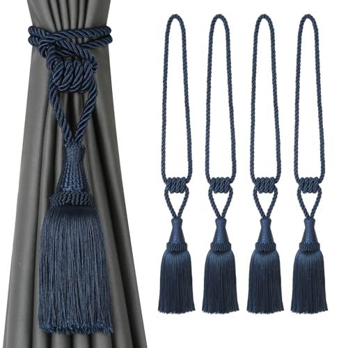 BEL AVENIR 4 Pack Tassel Curtain Tiebacks Handmade Holdbacks (Navy) - color: Navy, size: 4 Pack