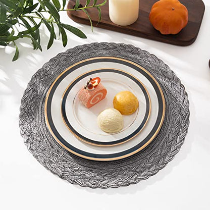 SHACOS Round Placemats Set of 6 Woven Round Table Mats 15 inch Braided Border Washable Cotton Polyester Circle Place Mats, Gray - color: Gray, size: 6 pieces